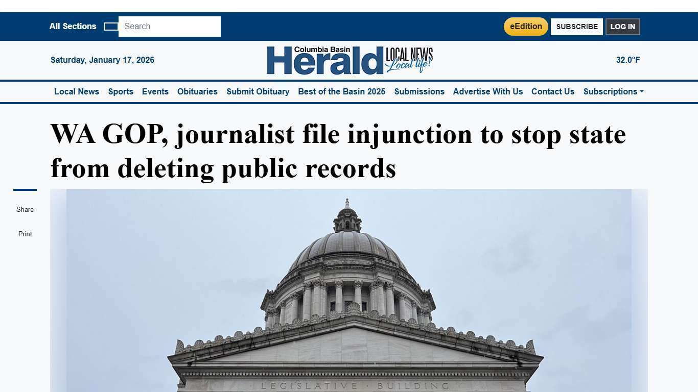 WA GOP, journalist file injunction to stop state from deleting public records | Columbia Basin Herald